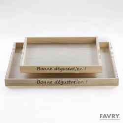 PLATEAU BOIS PEUPLIER "BONNE DEGUSTATION" 296X235XH28MM ~70 couv 37641