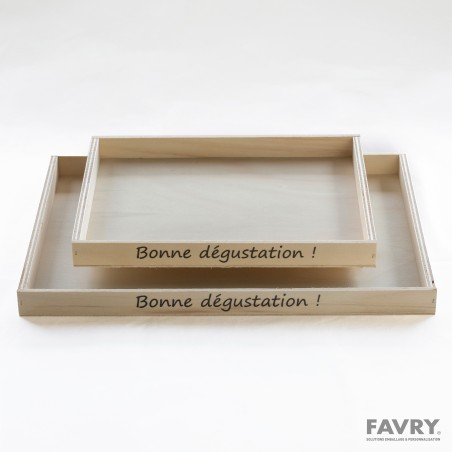 PLATEAU BOIS PEUPLIER "BONNE DEGUSTATION" 296X235XH28MM ~70 couv 37641